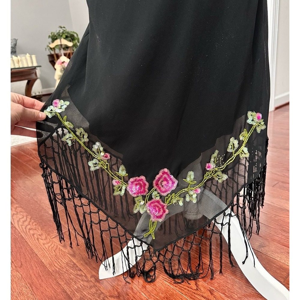 Vintage 90s Betsey Johnson New York Silk Black Sequin Asymmetrical Fringe Dress - Picture 4 of 12